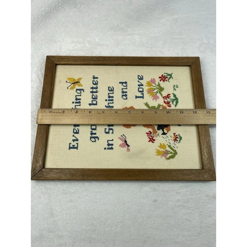 Vintage Cross Stitch Framed Quote Sunshine Love Girl Garden Floral 13x10